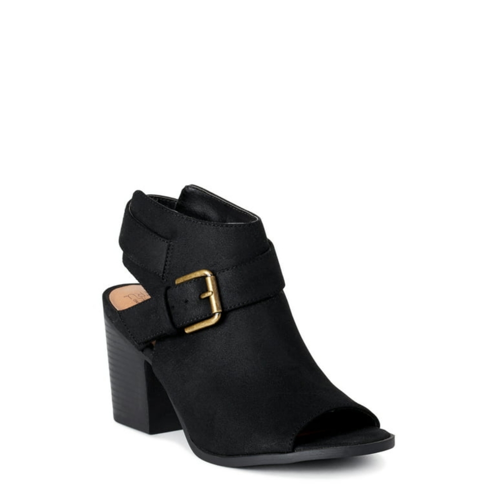 Time and Tru Black Peep Toe Block Heeled Booties with Side Buckles 7.5